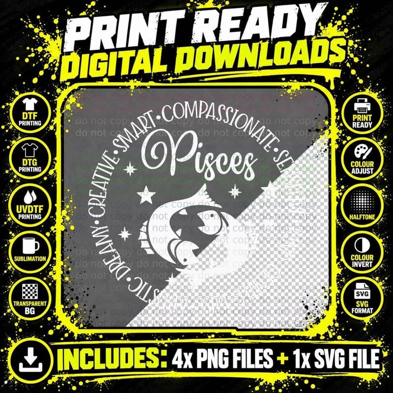 Pisces Creative Smart Compassionate Zodiac Star Sign Png SVG Digital Bundle
