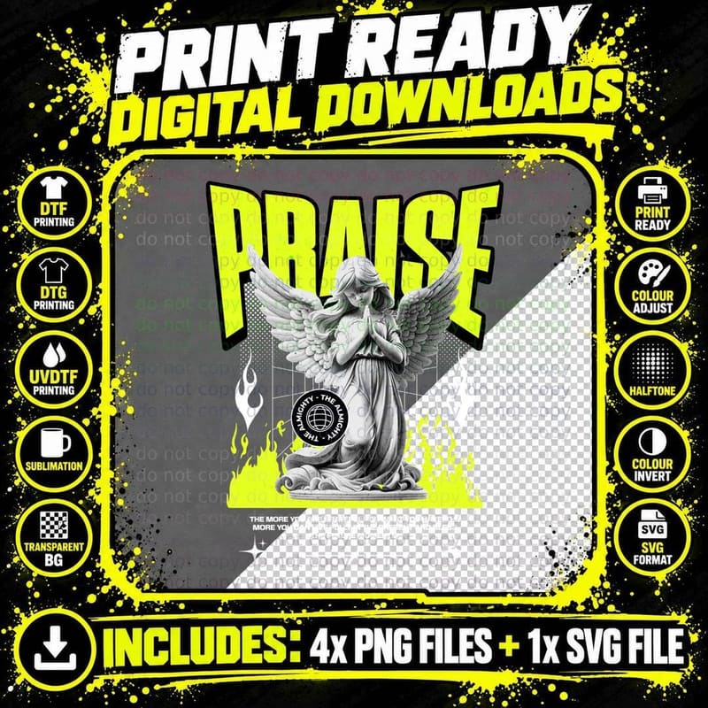 Praise Angel Figure Flames Yellow Lime Spiritual T-Shirt Png SVG Digital Bundle