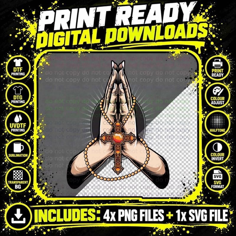 Praying Hands Ornate Cross Religious Spiritual T-Shirt Png SVG Digital Bundle