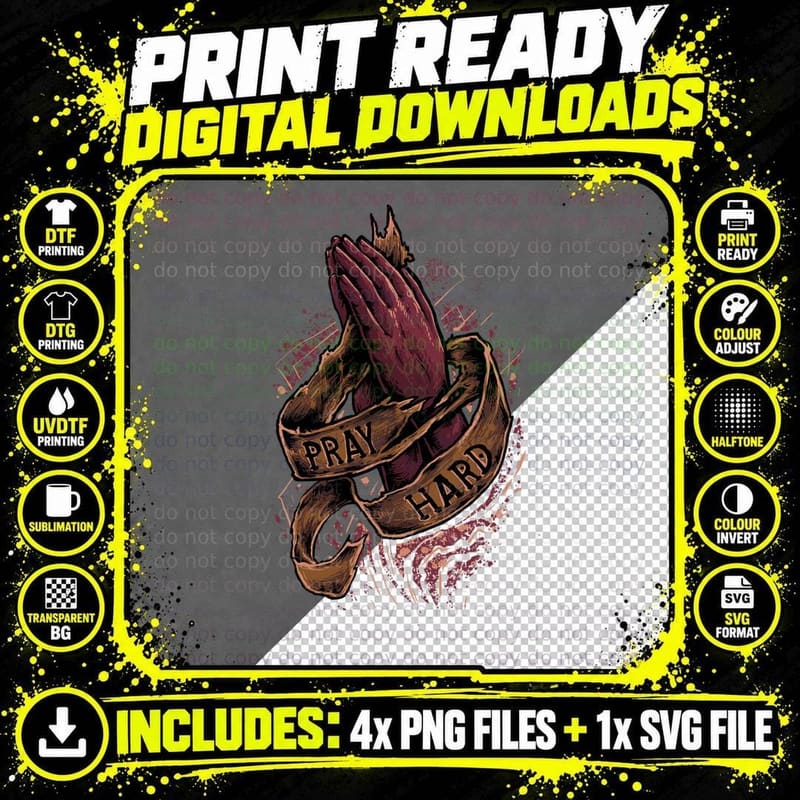 Praying Hands Pray Hard Red Splatter Spiritual Png SVG Digital Bundle