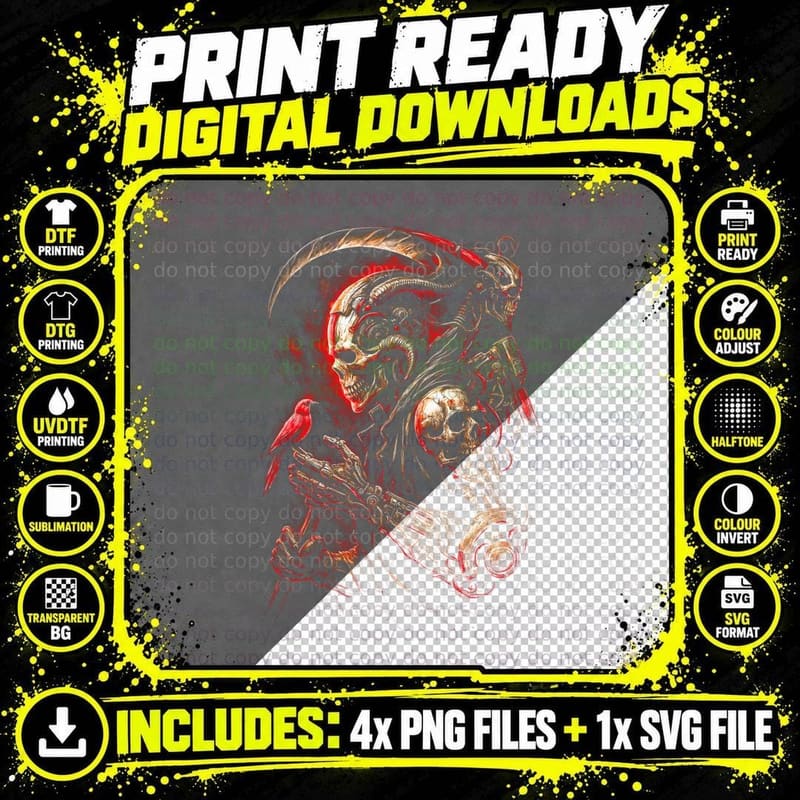 Reaper Angel Wings T-Shirt, Halftone Gothic Skull Png SVG Digital Bundle