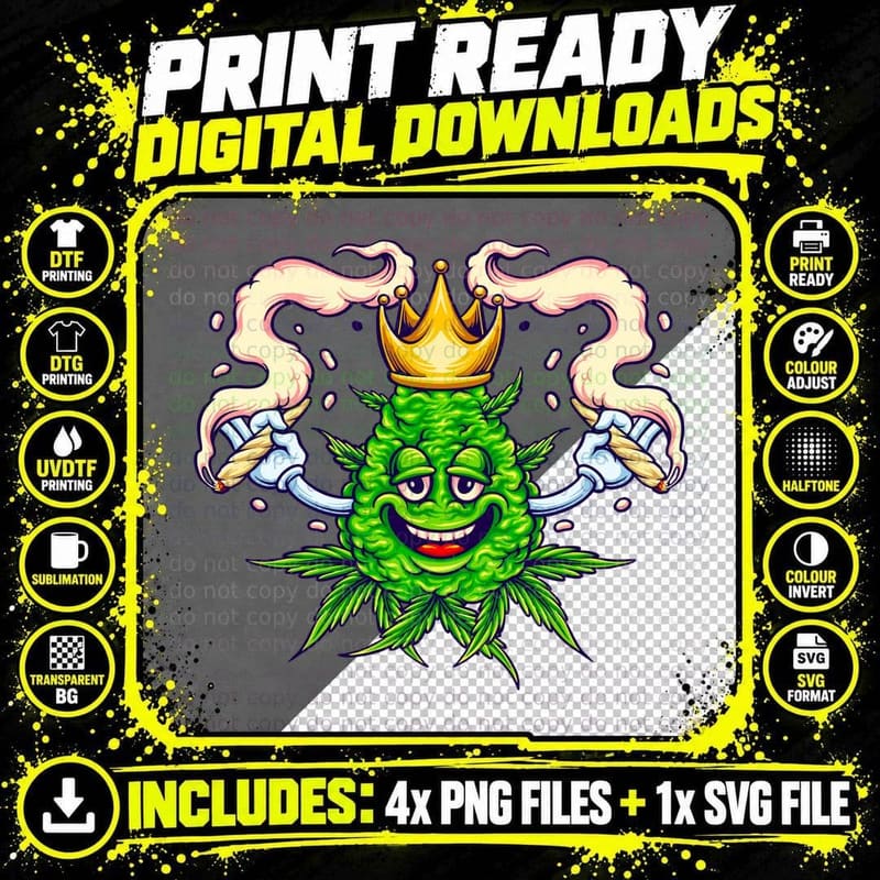 Royal Bud Lime Cannabis Character with Crown and Cloud Png SVG Digital Bundle