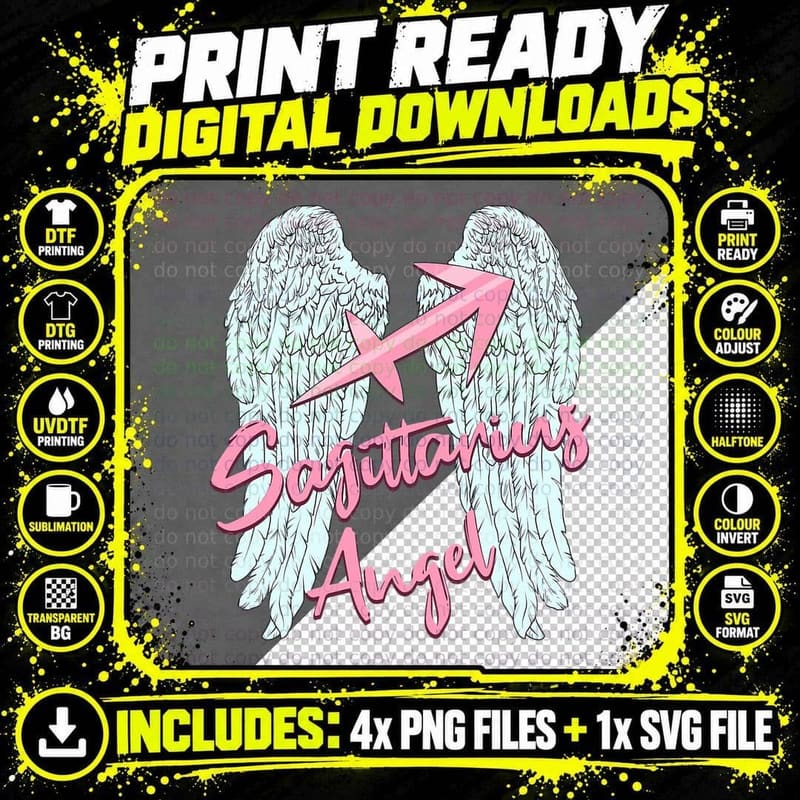 Sagittarius Angel Zodiac Sign with Angel Wings for Women Png SVG Digital Bundle