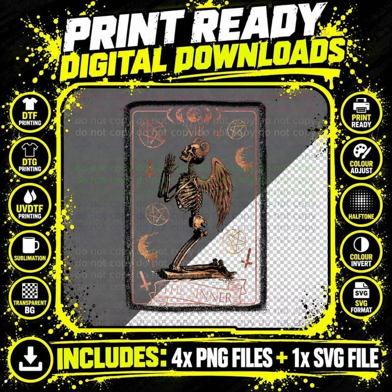 Sinner Tarot Card Skull Satanic Occult Astrology T-Shirt Png SVG Digital Bundle