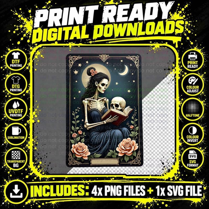 Sugar Skull Woman Tarot Card Gold Arch Celestial Flowers Png SVG Digital Bundle