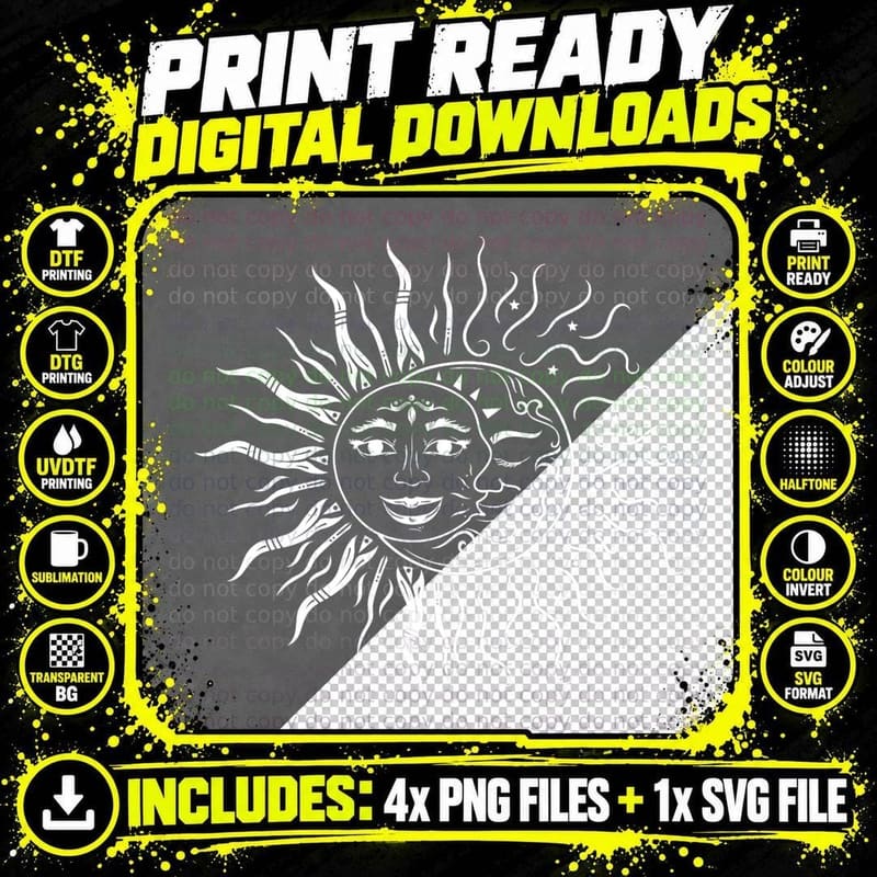 Sun Moon Astrology T-Shirt, Celestial Print Png SVG Digital Bundle