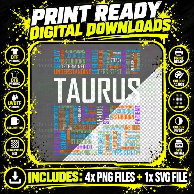 Taurus Zodiac Traits Horoscope Astrology Sign Gift Words Png SVG Digital Bundle