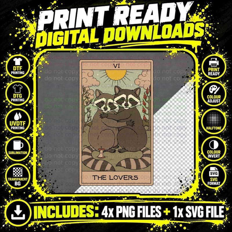 The Lovers - Raccoons Tarot T-Shirt Png SVG Digital Bundle