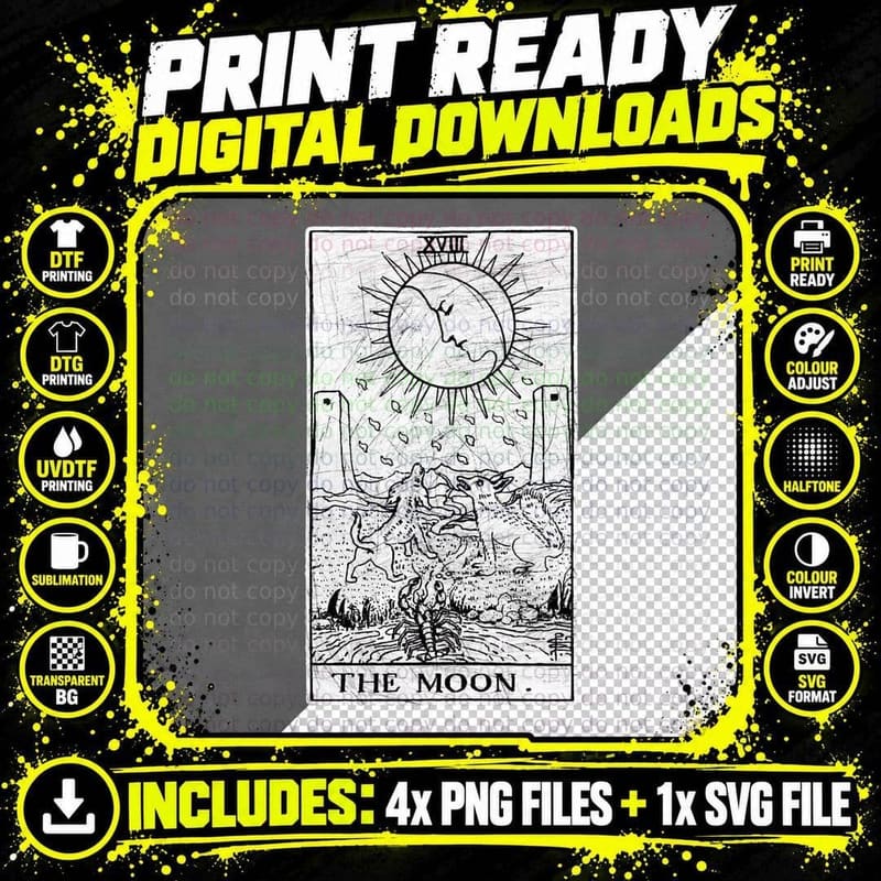 The Moon Tarot Card - Major Arcana - Fortune Telling - Png SVG Digital Bundle