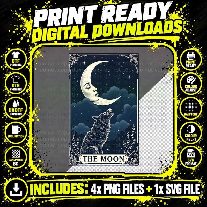 The Moon Tarot Card Intuition Mystery Celestial Gothic Png SVG Digital Bundle