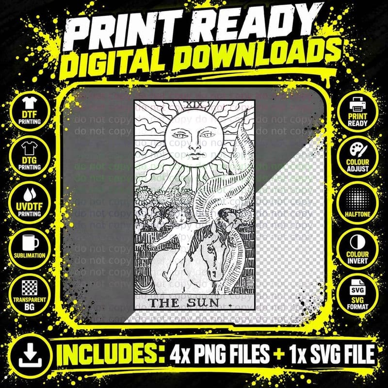 The Sun Tarot Card XIX Black and White - Card Number 19 Png SVG Digital Bundle