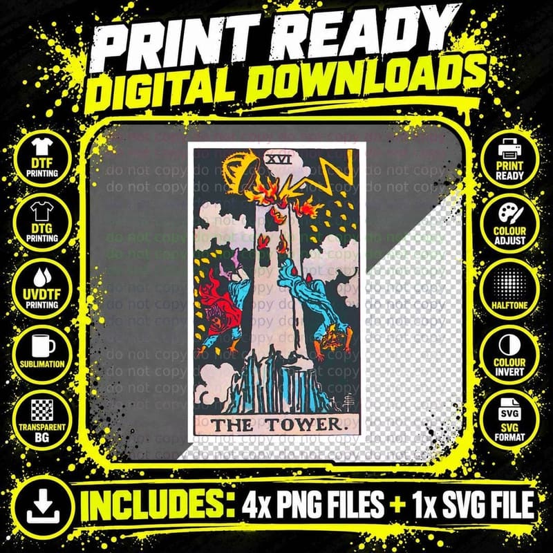 The Tower Tarot Card T-Shirt Psychic Occult Tee Shirt Png SVG Digital Bundle