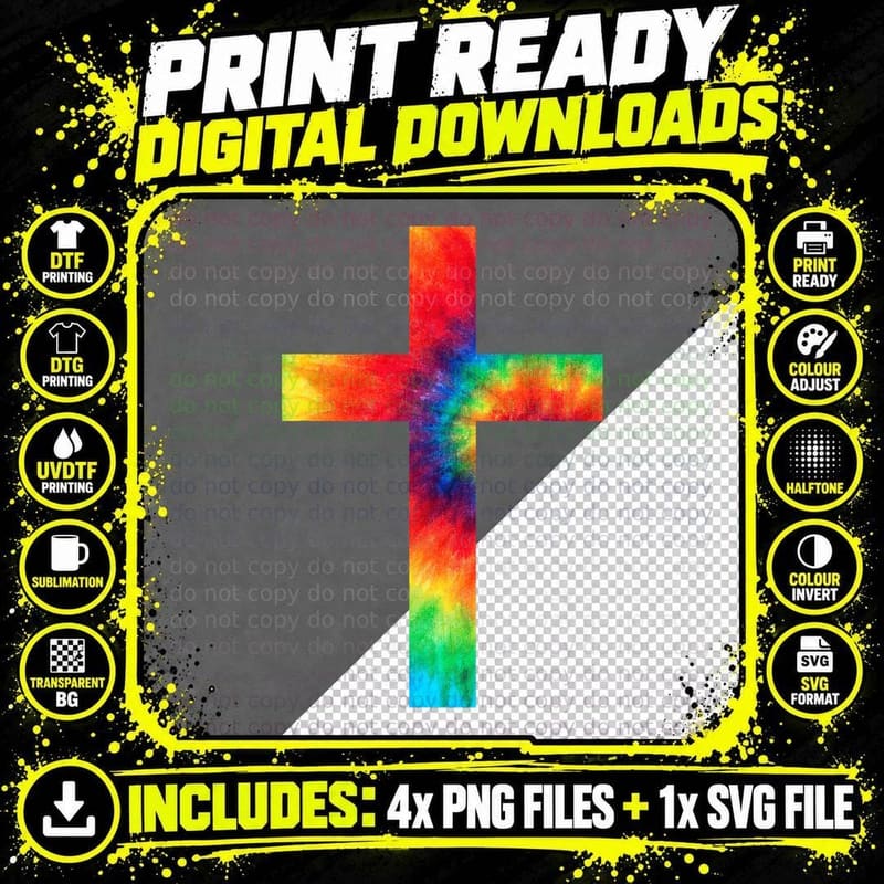 Tie Dye Cross T-Shirt, Religious Art Print Png SVG Digital Bundle