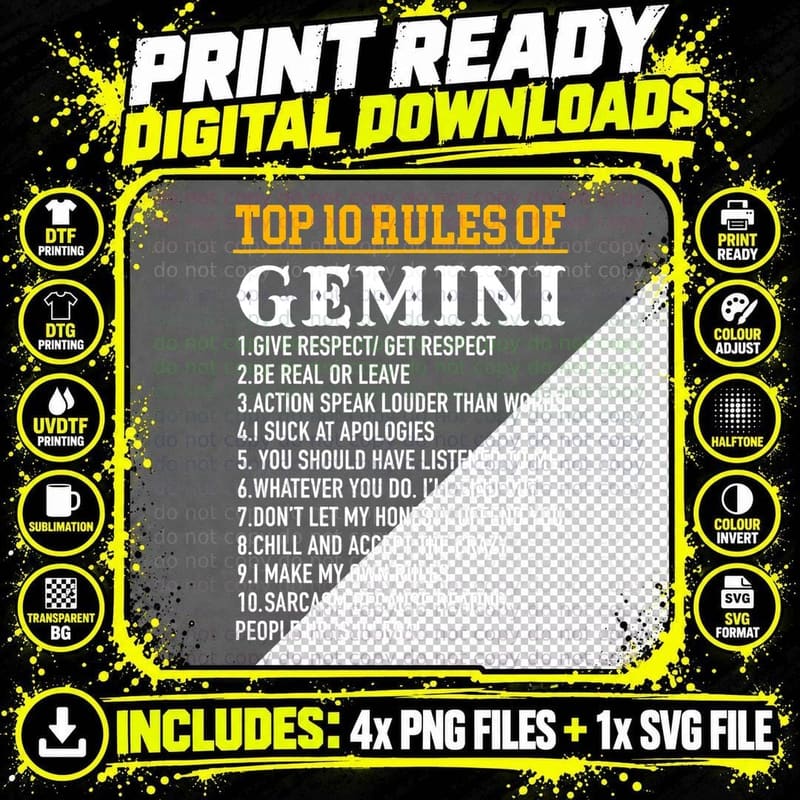 Top 10 Rules of Gemini May 21 - June 21 T-Shirt Png SVG Digital Bundle