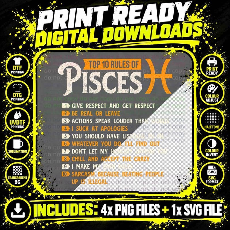 Top 10 Rules of Pisces - Horoscope Zodiac Sign Astrology Png SVG Digital Bundle