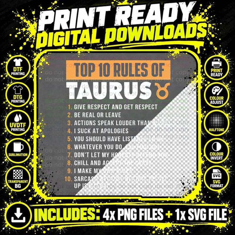 Top 10 Rules of Taurus - Zodiac Sign Astrology Png SVG Digital Bundle