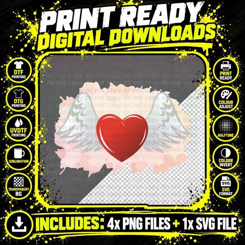 Winged Red Heart Angel Wings Pink Background T-Shirt Png SVG Digital Bundle