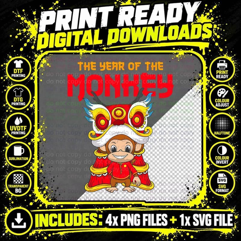Year of the Monkey 2028 Chinese New Year Zodiac Kids Png SVG Digital Bundle