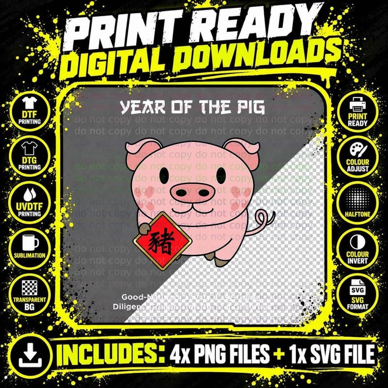 Year of the Pig Chinese Zodiac Lunar New Year T-Shirt Png SVG Digital Bundle