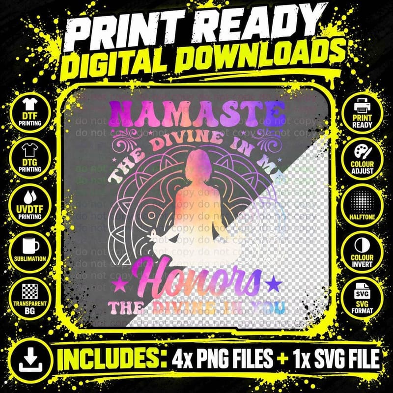 Yoga - Namaste the Divine in Me Spiritual Yoga Png SVG Digital Bundle