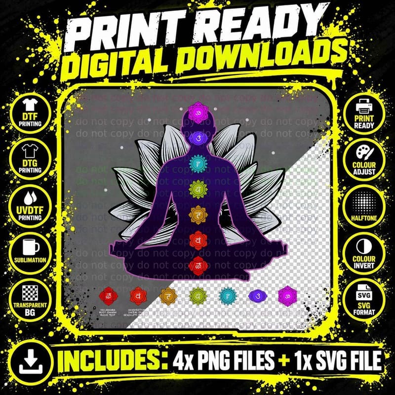 Yoga Meditation Seven Chakras Namaste Lotus Zen Png SVG Digital Bundle