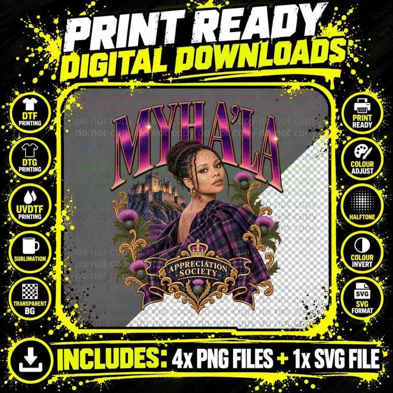 Myha'la Appreciation Society Magenta Chrome Castle Tartan TV Actress T-Shirt Png SVG Digital Bundle