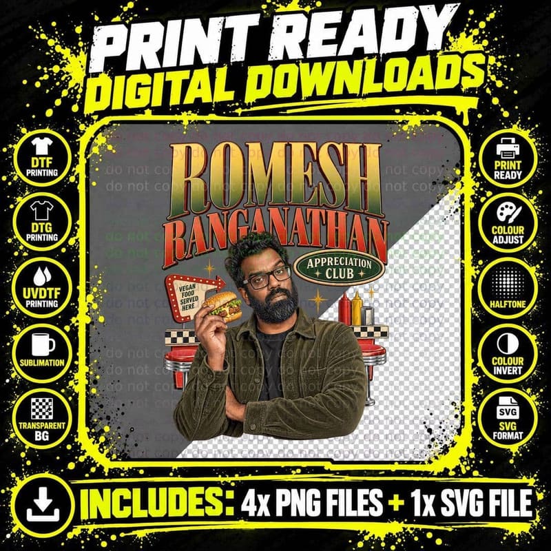 Romesh Appreciation Club Vegan Burger Retro Diner Plant Based Comedian T-Shirt Png SVG Digital Bundle