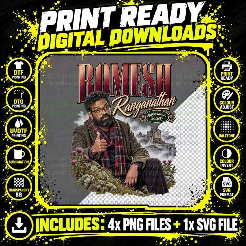 Romesh Appreciation Society Highland Castle Tartan Thumbs Up Comedian T-Shirt Png SVG Digital Bundle