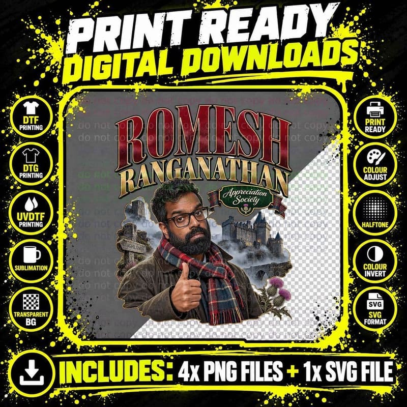 Romesh Appreciation Society Red Chrome Tartan Scarf Thumbs Up Comedian T-Shirt Png SVG Digital Bundle