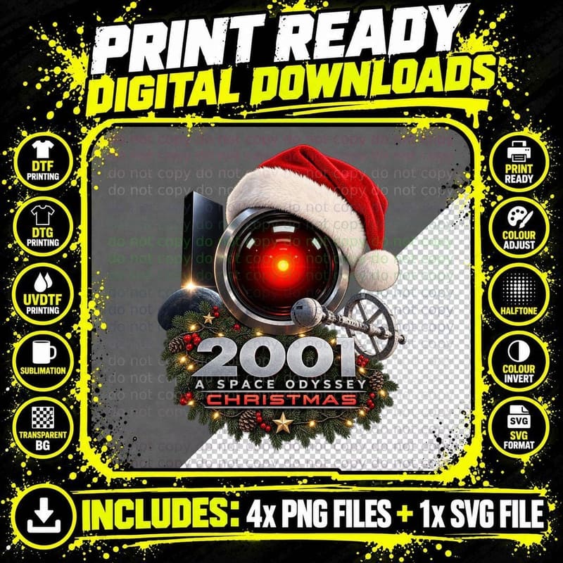 HAL Red Eye Santa Hat Christmas Wreath Space Computer 60s Sci-Fi Movie T-Shirt Png SVG Digital Bundle