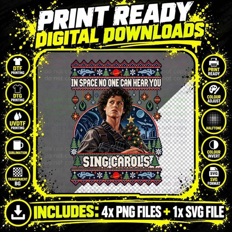 Ripley In Space No One Can Hear You Sing Carols Ugly Sweater Sci-Fi Xmas T-Shirt Png SVG Digital Bundle