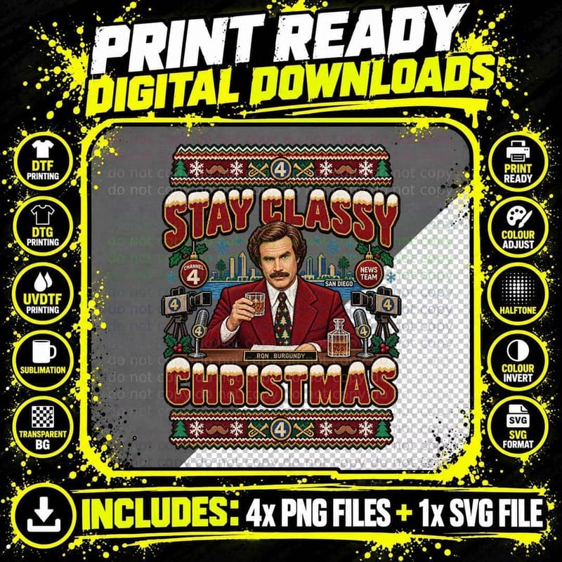 Ron Stay Classy Christmas San Diego News Team Ugly Sweater 70s Comedy T-Shirt Png SVG Digital Bundle