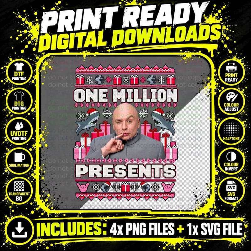 Dr Evil One Million Presents Ugly Sweater 60s Spy Spoof Christmas Movie T-Shirt Png SVG Digital Bundle