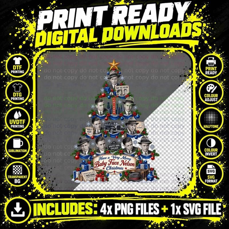 Baby Face Nelson Christmas Chicago Gangster History Png SVG Digital Bundle