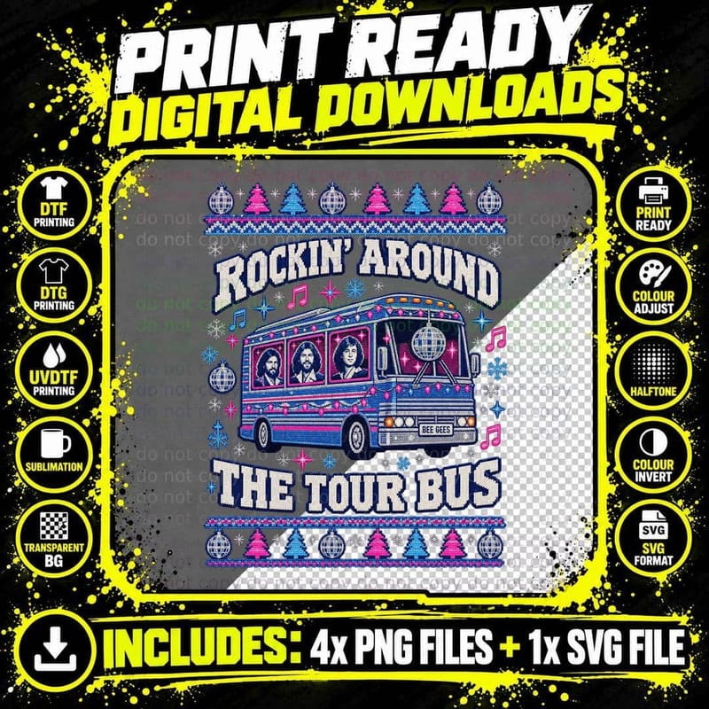 Bee Gees Christmas Ugly Sweater Tour Bus Disco Holiday Png SVG Digital Bundle