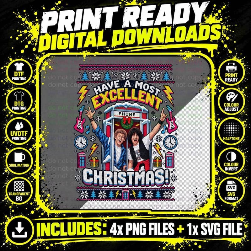Bill and Ted Have A Most Excellent Christmas Ugly Sweater 80s Comedy T-Shirt Png SVG Digital Bundle