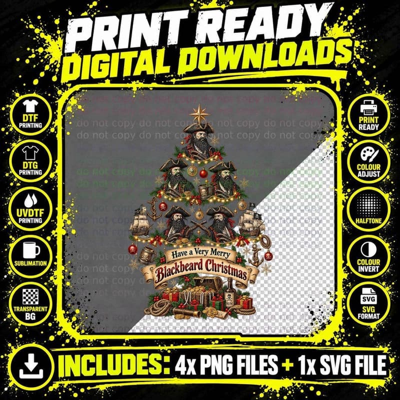 Blackbeard Christmas Pirate Edward Teach Holiday Vintage Png SVG Digital Bundle