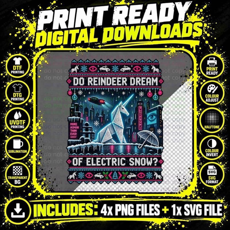 Do Reindeer Dream Of Electric Snow Christmas Ugly Sweater Sci Fi Movie T-Shirt Png SVG Digital Bundle