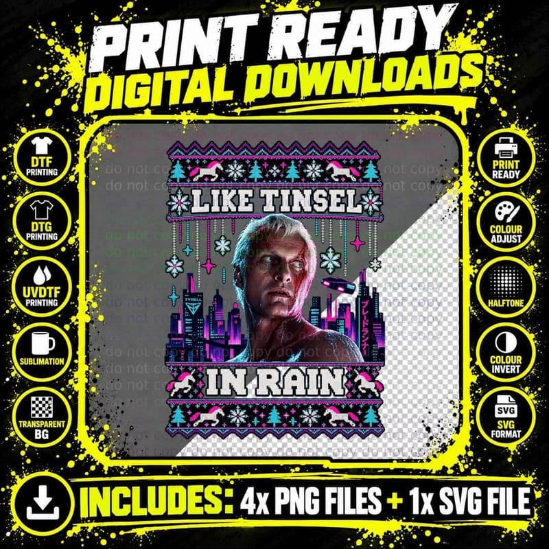 Replicant Roy Like Tinsel In Rain Christmas Ugly Sweater 80s Cyberpunk T-Shirt Png SVG Digital Bundle