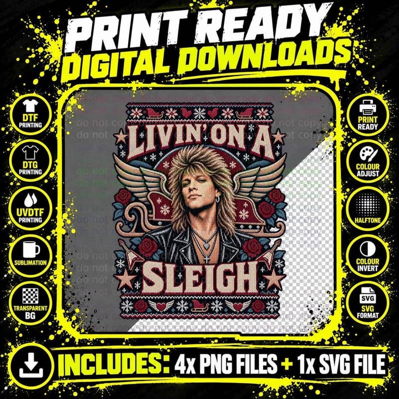 Bon Jovi Christmas Livin on a Sleigh 80s Rock Ugly Png SVG Digital Bundle
