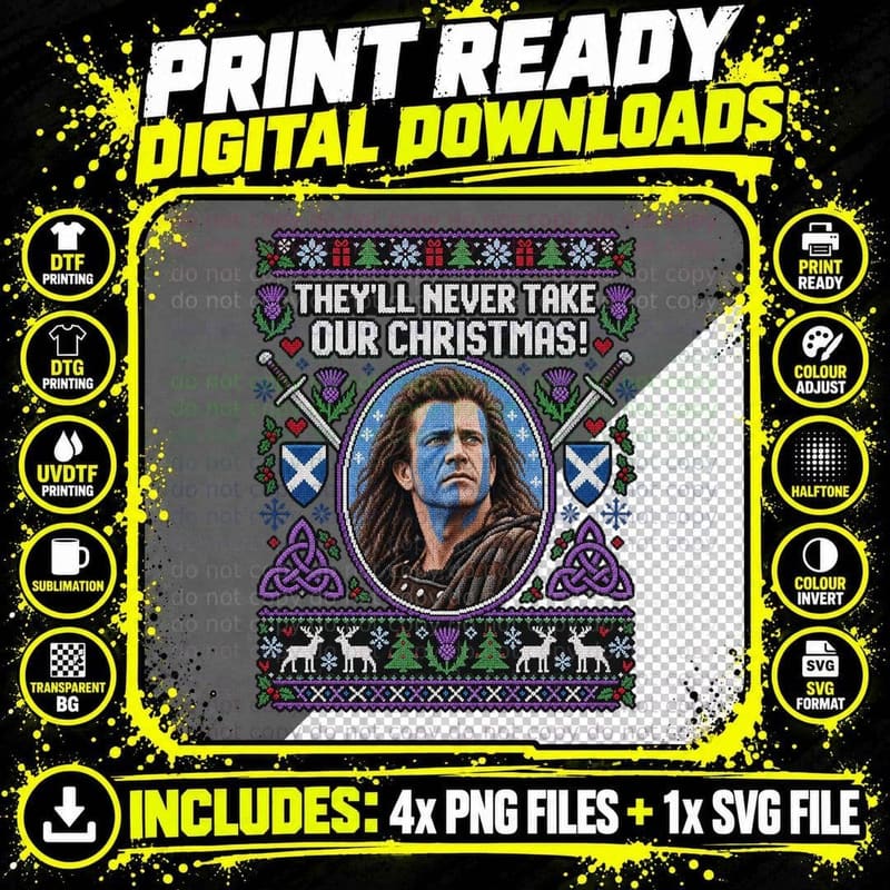 Wallace They'll Never Take Our Christmas Ugly Sweater Scottish Epic Film T-Shirt Png SVG Digital Bundle