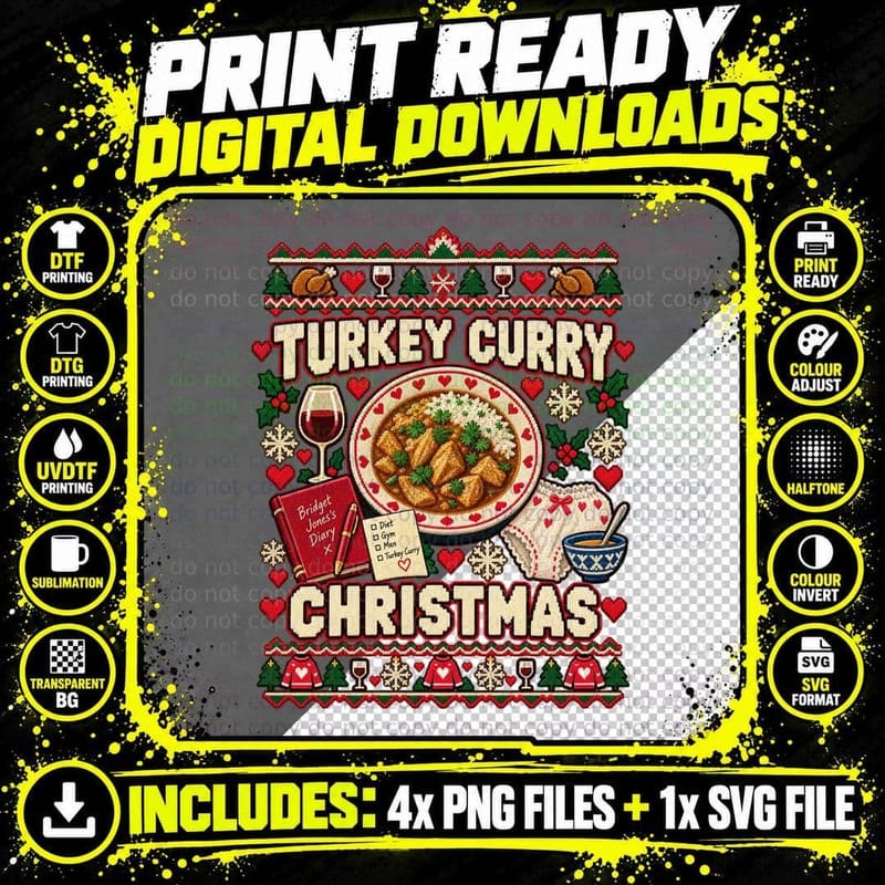 Bridget Turkey Curry Christmas Ugly Sweater Rom Com Movie Quote 00s T-Shirt Png SVG Digital Bundle