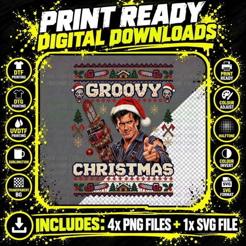 Ash Groovy Christmas Ugly Sweater Chainsaw Cult 80s Horror Movie Bruce T-Shirt Png SVG Digital Bundle