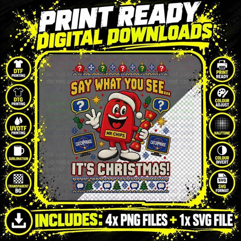 Say What You See It's Christmas Ugly Sweater Red Robot 90s Game Show T-Shirt Png SVG Digital Bundle