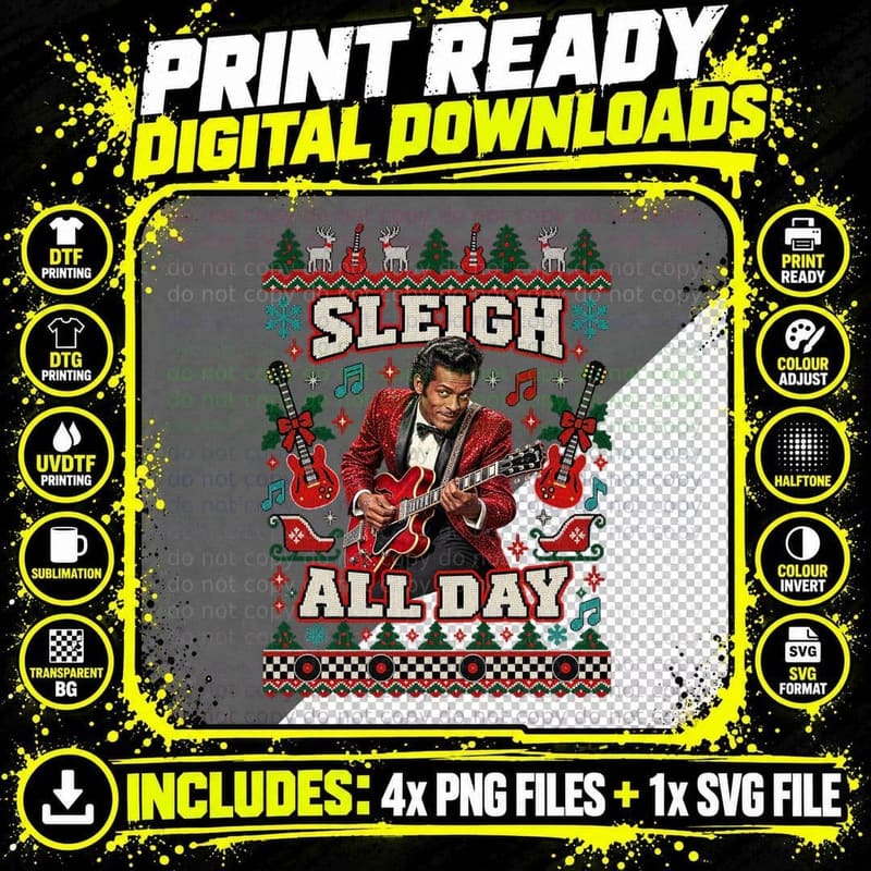 Chuck Berry Christmas Ugly Sweater Rock and Roll Music Png SVG Digital Bundle