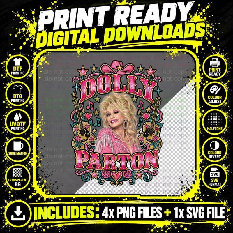 Country Singer Dolly Pink Cowgirl Hat Rhinestone Guitars Retro Western T-Shirt Png SVG Digital Bundle