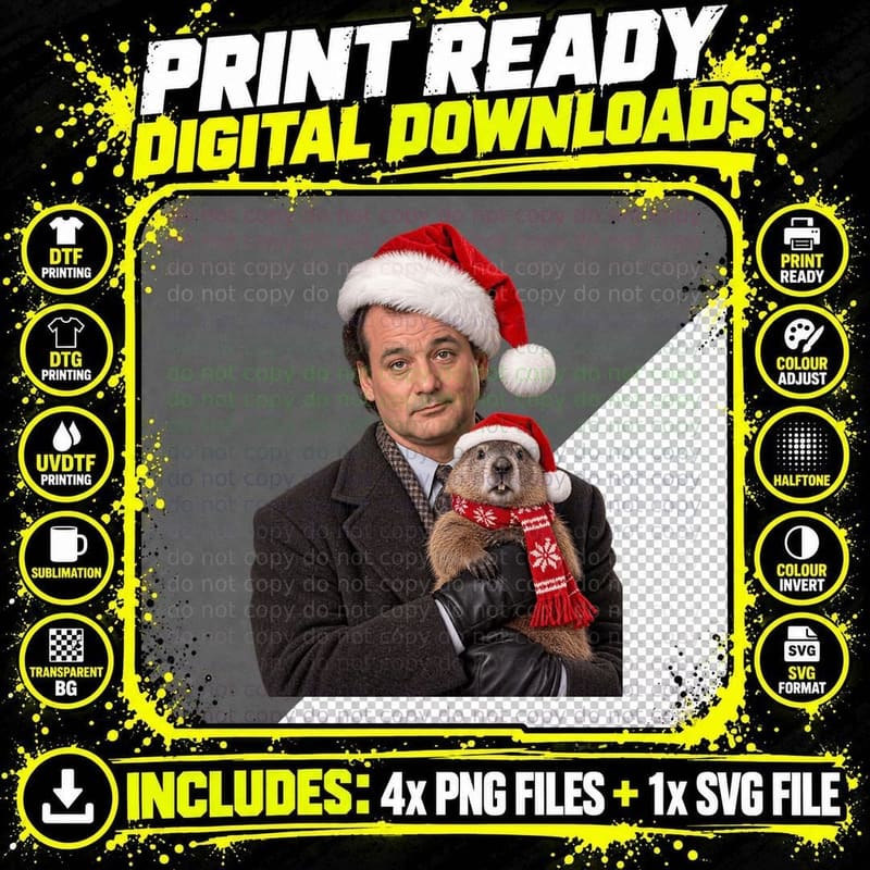 Phil and Groundhog Santa Hat Christmas 90s Comedy Movie Weatherman Bill T-Shirt Png SVG Digital Bundle