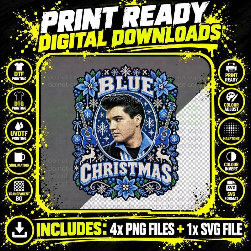 Elvis Presley Christmas Ugly Sweater Blue Christmas Png SVG Digital Bundle