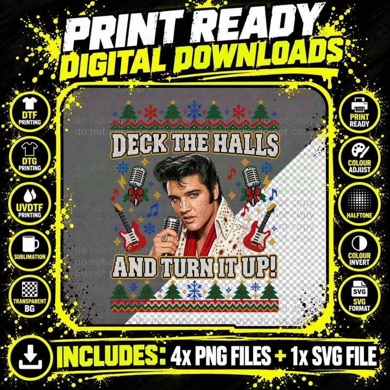 Elvis Presley Christmas Ugly Sweater Rock and Roll Music Png SVG Digital Bundle