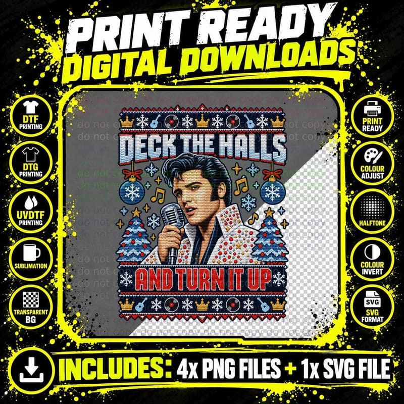 Elvis Presley Christmas Ugly Sweater Rock and Roll Music Png SVG Digital Bundle